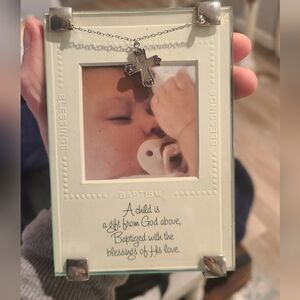 White Baptism Photo Frame with Cross Necklace